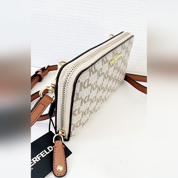 Karl Lagerfeld Monogram Brown Leather Wristlet Taupe Women's Crossbody - Picture 11 of 13